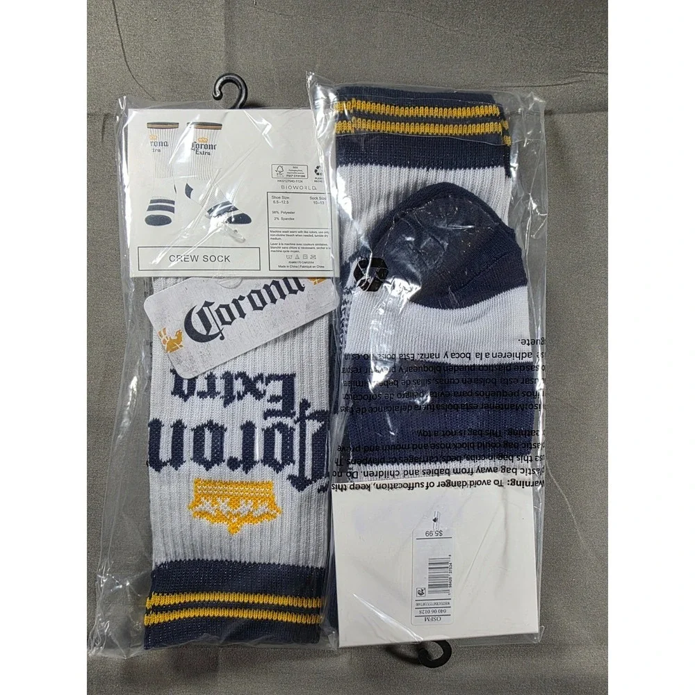 2 pair Corona Extra Crew Sock Mens One Size White Blue Yellow Beer Logo Bioworld